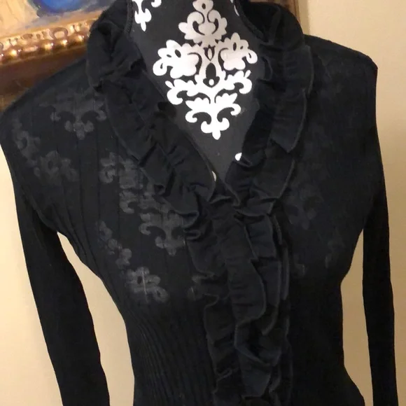 Anne Fontaine Veronica ribbed cotton semi-sheer button ruffle trim cardigan - Picture 2 of 14